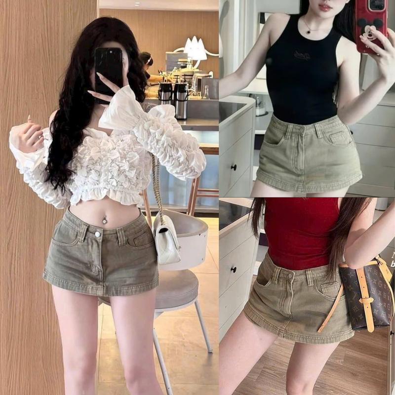 Chân váy jean nữ dáng chữ A màu nâu rêu cạp cao quần váy dáng chữ A ôm eo hottrend 2025