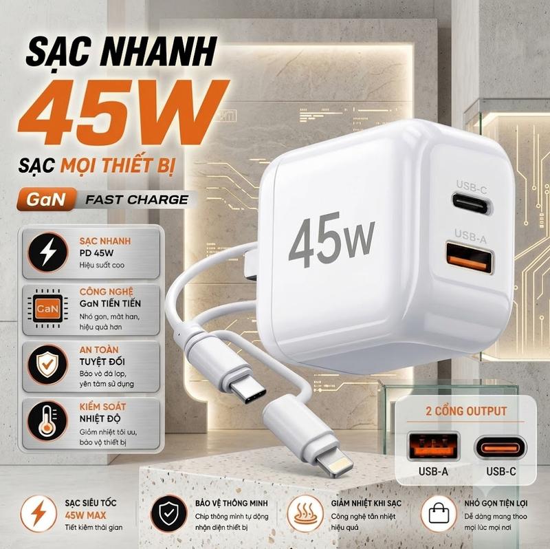 [BICHTRAM deal 1k] Bộ Sạc Siêu Nhanh 45W, Cáp Đa Năng 4-in-1 GAN Little Reunion tích hợp cho các dòng máy smartphone siêu hót Bảo hành 24 tháng