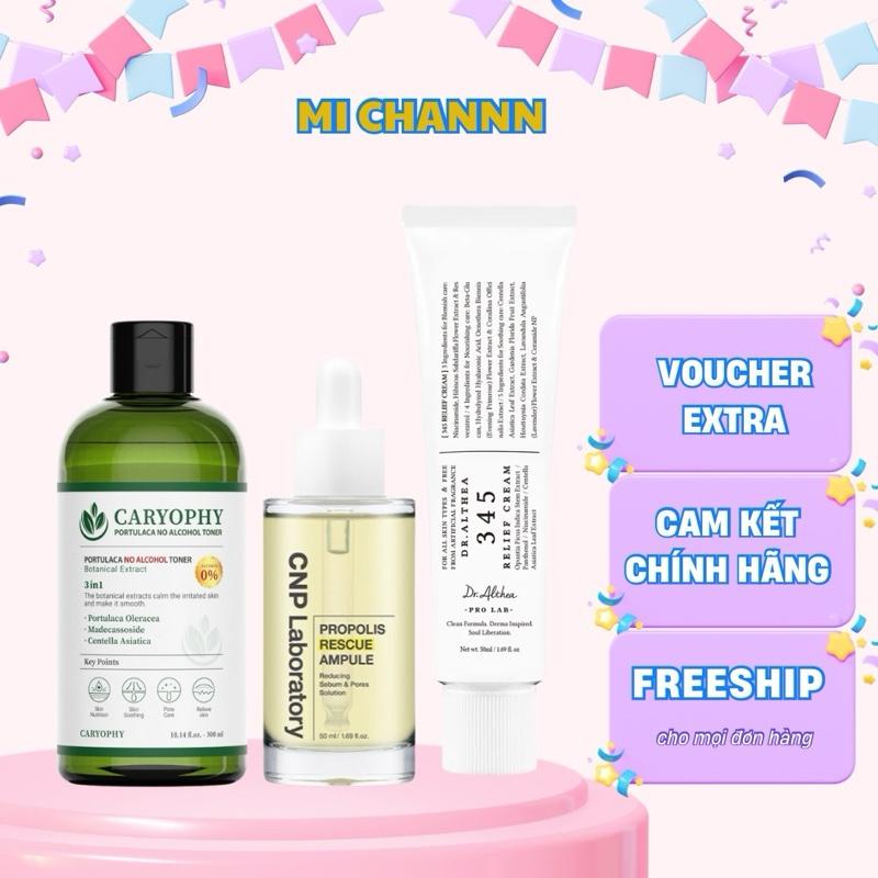 Combo toner - serum - kem dưỡng dành cho da dầu mụn / toner caryophy 300ml - serum keo ong cnp rescue 50ml - kem dưỡng 345 relief 50ml