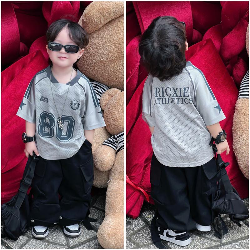  Ricxie Kids Áo Thun Lưới Số 80 ver 2 Màu Xám Navy Đỏ Navy Size 1-2-3-4 Cho Bé Trai Bé Gái 10kg đến 40kg Chất Liệu Thoáng Mát 