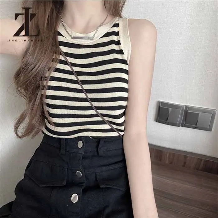 SS24 Áo dệt kim hai dây họa tiết kẻ sọc phong cách cổ điển thời trang mùa hè cho nữ 1