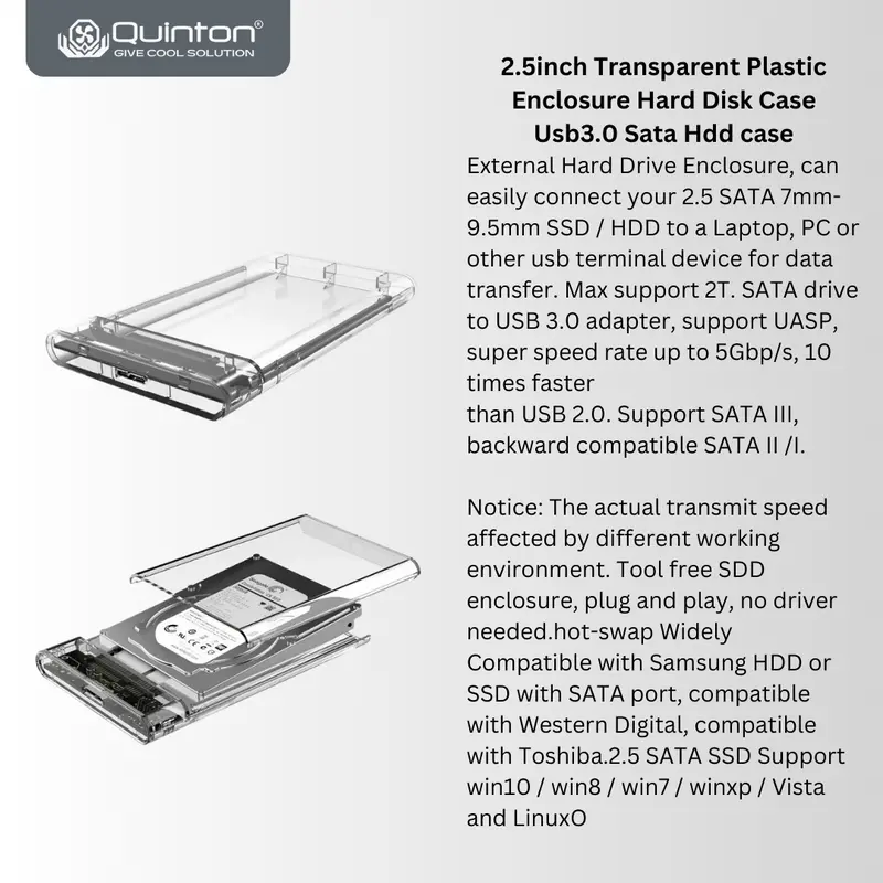 Quinton HDD SSD Case External USB 3.0 2.5Inch clear transparan SATA support up to 2TB untuk laptop pc computer Disk Kabel cover  hard hdd  enclosure laptop Komputer 2