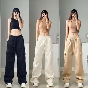 QeelaOfficial - Celana Cargo Wanita Highwaist Korean Style Premium Jumbo Yoona Cargo Pants Wanita Terbaru | Celana Kargo Wanita Karet Katun Loose Panjang Nyaman Lembut Tebal Kulot