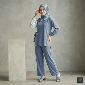 RAFASYA. Cloudy Blue Ribbed Combo - Setelan Feminin dengan Bahan Knit Ribbed Premium & Motif Bunga Asimetris untuk Keseharian yang Nyaman