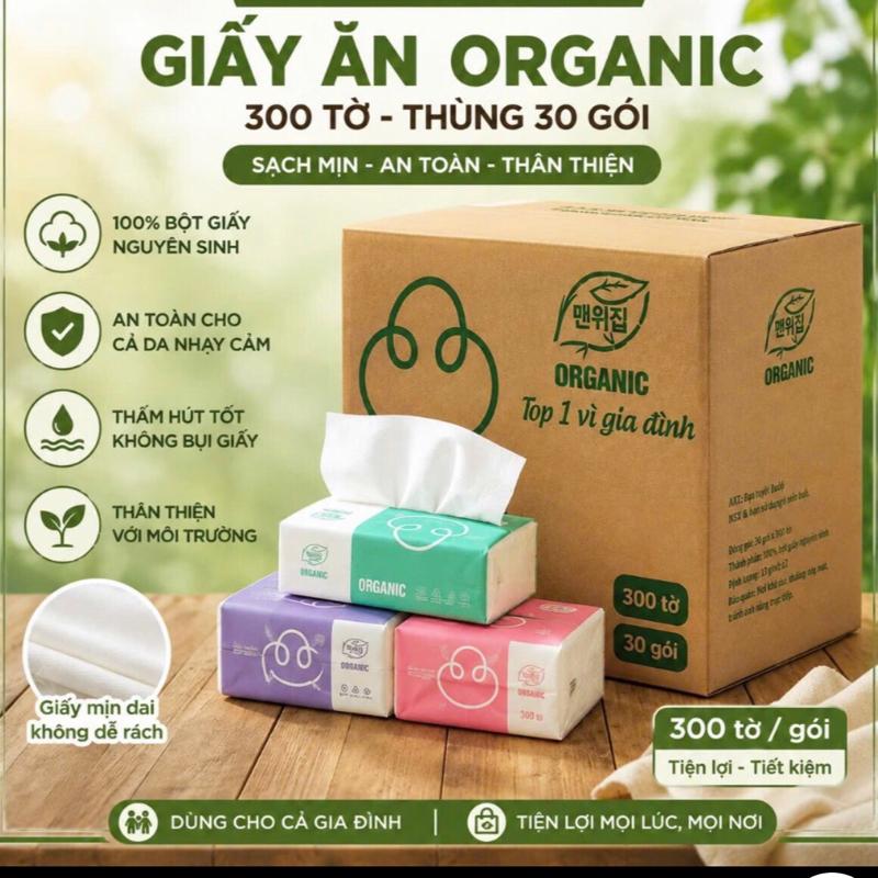 ￼Thùng 30 Gói Khăn Giấy ORGANIC Rút Đa Năng -Giấy rút ORGANIC Cao Cấp Giấy Ăn Gấu Trúc 300 Tờ An Toàn Tiện Lợi Chuẩn
