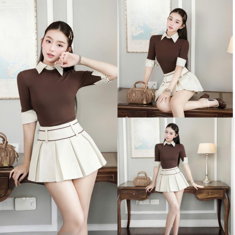 [HÀNG CÓ SẴN] K34 Set (áo và chân váy) áo thun cổ sơ mi phối chân váy xoè ngắn - Set nữ xinh nhẹ nhàng