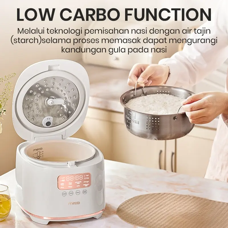 Mecoo Aesthetic Rice Cooker Pink Low Carbo Low Sugar Ceramic Coated Teflon Free 400 Low Watt 1.5L Digital Hemat Listrik & Anti Jeglek | Rice Cooker Mecoo Low Carbo 4