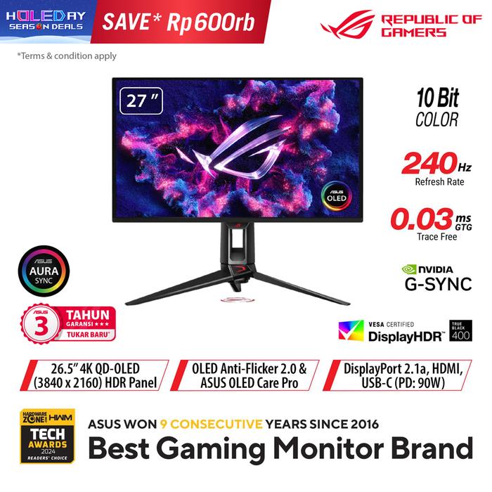 Gambar MONITOR ASUS ROG Swift OLED PG27UCDM Gaming Monitor - 27 inch, 4K UHD (3840x2160), OLED, 240Hz, 0.03ms - Instan dari Techno Computer Bali Kota Denpasar Tokopedia