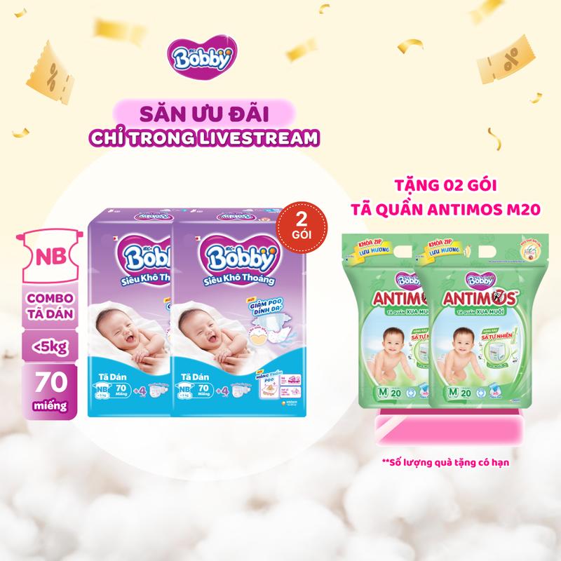 KOL COMBO 2-TẶNG 2 TQ ANTIMOS M20 Bobby Tã bỉm dán sơ sinh XS70 S80 lõi nén cotton-soft vitamin E