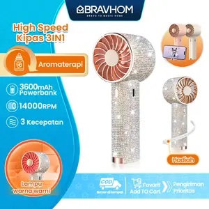(COD)Bravhom Kipas Angin Mini Portable 3IN1 Aromaterapi 3 Kecepatan Lampu Warna Warni Phone Holder FN16