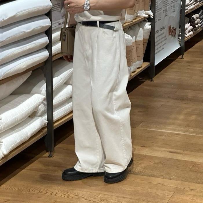  Quần trắng ống suông rộng chất liệu kaki thớ to dày dặn mềm mại chun lưng co giãn size M L XL Nam Nữ Bs07 