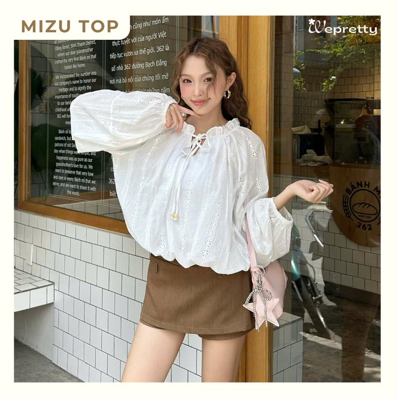 [Mở Bán-Tặng Áo Quây] AH31 Mizu Top Áo Sơ Mi Cổ V Có Dây Rút Tay Phồng Chất Liệu Tơ Mềm Phong Cách Nữ Tính Bánh Bèo Dễ Thương