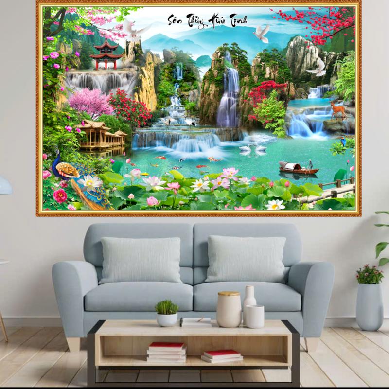 Tổng Hợp Các Mẫu Tranh Sơn Thủy Hữu Tình In 3D Vải Lụa Kèm Keo Dán, Trang Trí Decor Nhà