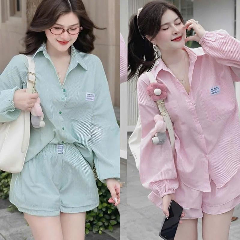 Thời Trang Bigsize Set Quần Áo Nữ Áo Sơ Mi Tay Dài Quần Đùi Thoải Mái Diện Hè Chất Cotton Lạnh Bigsize Từ 40 - 95Kg Nữ Top Women Xoè - A.1544