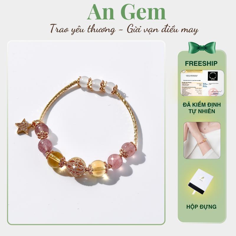 Vòng tay phong thuỷ An gem đá Dâu tây hồng mix TA vàng phối charm, lắc tay nữ đá tự nhiên phụ kiện tinh tế quà tặng sinh nhật giáng sinh Noel Tết Valentine