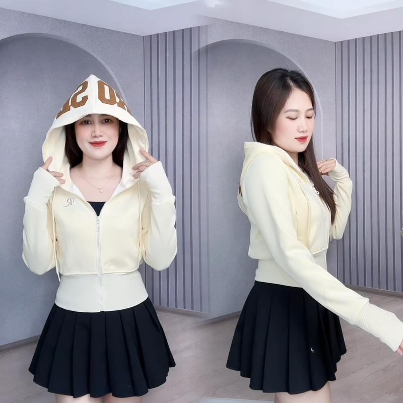 Áo Khoác Nữ Dáng Crop Top Chất 2 Da Mềm Mịn 4 Túi  và Nón To Thêu Chữ Thời Trang - Jacket, Women  lửng  accroptop aokhoac áo chống nắng cho nữ, áo khoác nữ đang hot hiện nay