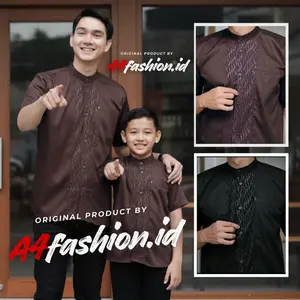A4fashion.id Baju Koko Couple Ayah dan Anak Laki-laki Mahogany Kerah Mandarin Lengan Pendek Katun Dewasa Size M-XXL Bahan Berkualitas Desain Menarik