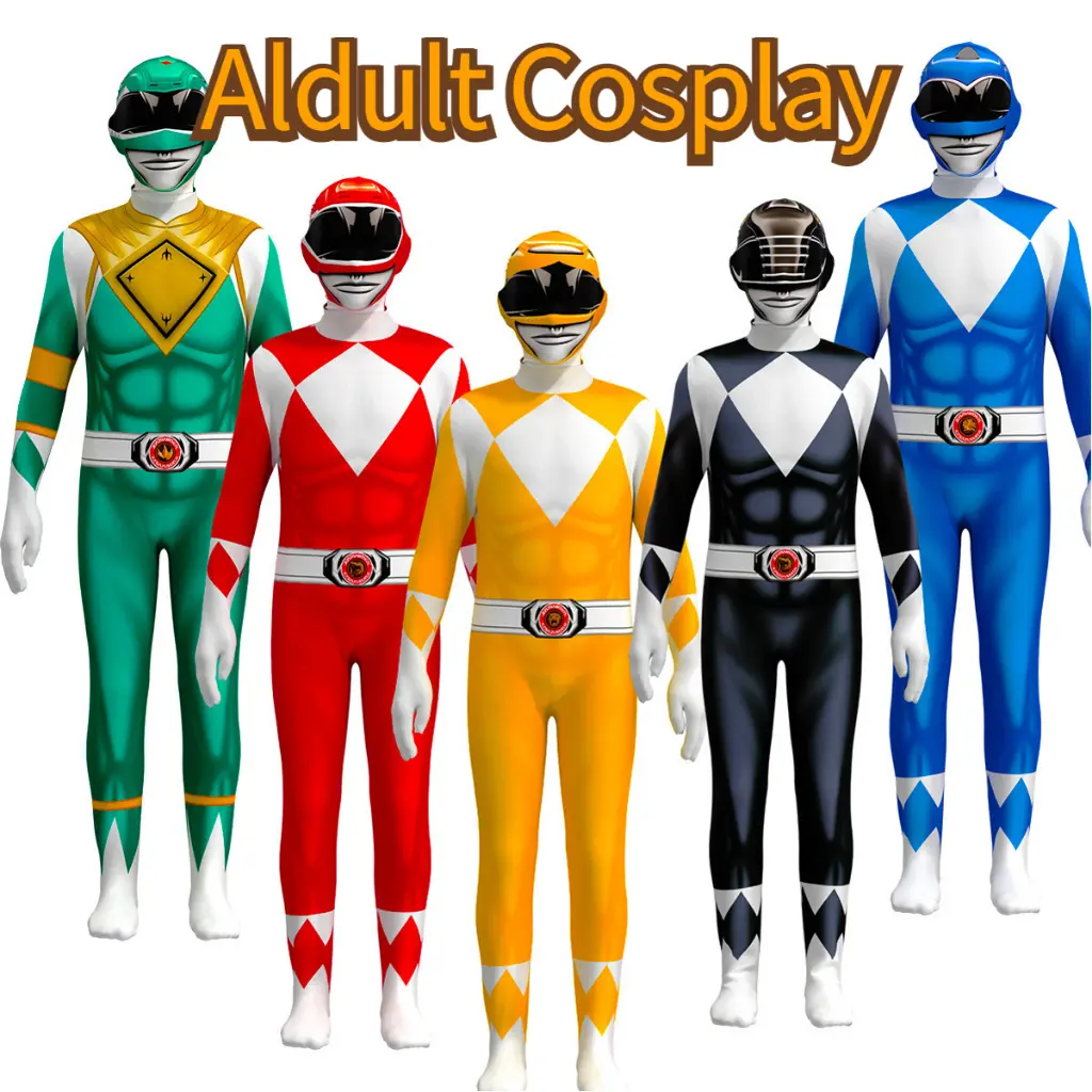 Pria Dewasa Wanita Perkasa Morphin Power Rangers Cosplay Kostum Halloween Pesta Mewah Jumpsuit