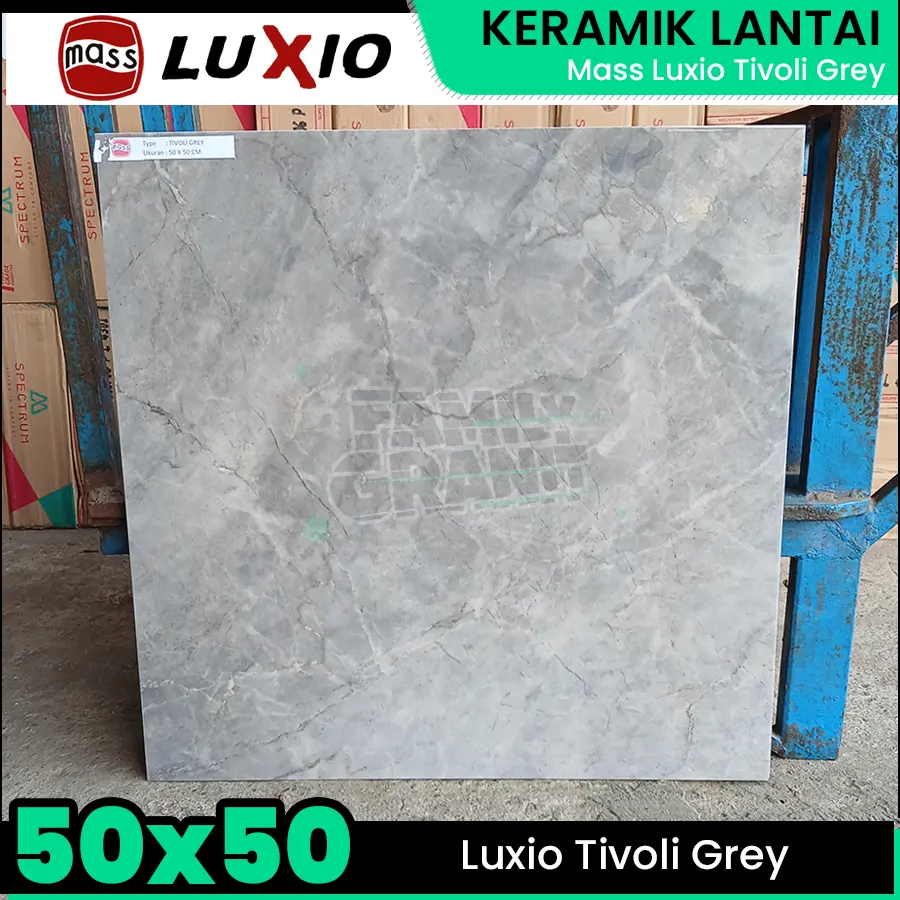 Keramik Lantai 50x50 Mass Luxio Tivoli Grey Motif Marmer Glossy Cutting KW1