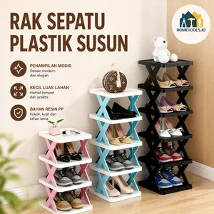 HomeTools Rak Sepatu Plastik PP 3-6 SUSUN Kuat & Kokoh Anti Patah Muat Banyak Ukuran Hitam untuk Ruang Tamu/Balcony/Living Room Multifungsi Kuat Dan Tahan Lama Mudah Dirakit