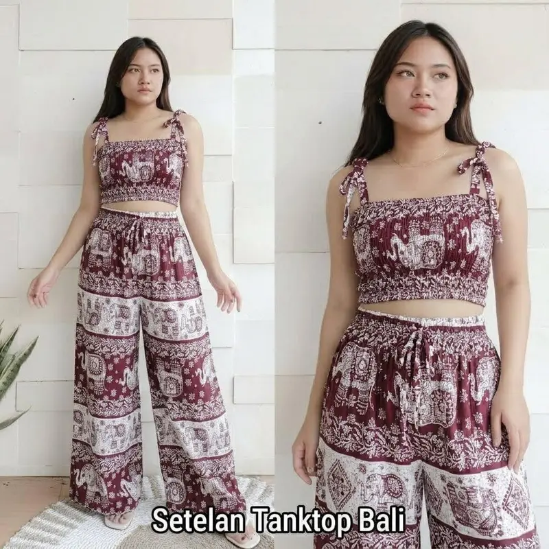 One Set Tanktop & Celana Kulot Panjang Motif Gajah Thailand Rayon Adem variasi 5