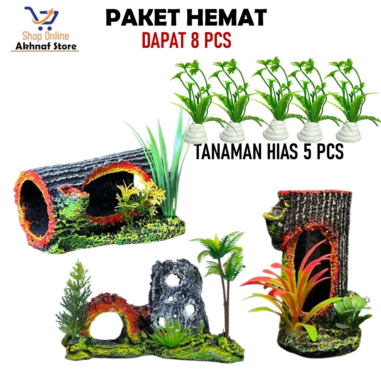 Paket HEMAT 8 PCS Hiasan Aquarium l Hiasan Akuarium Jembatan Kelapa,Pokol Berdiri,Pohon Rumput Cantik