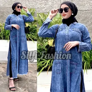 Silfi Fashion Long Tunik Jeans Terbaru Busui Friendly Full Kancing Aktif Kain Halus Lembut Adem Nyaman untuk Wanita Muslim Panjang 130 cm