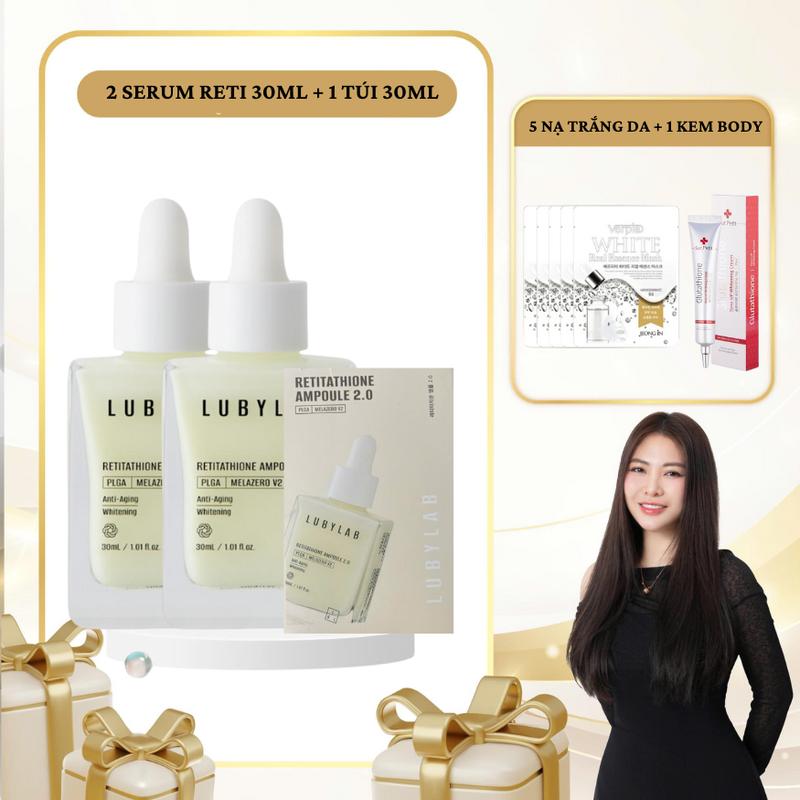  SN1937 -  Combo 9 sản phẩm: 2 Ampoule Dưỡng Sáng Da Retitathione 2.0 PLGA Melazero V2 Lubylab 30ml + 1 túi Ampoule 30ml + 5 mặt nạ trắng da ngẫu nhiên + 1 kem body Dr Surpetit 