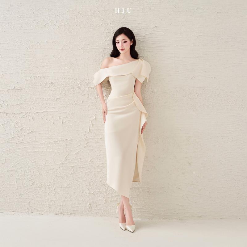 Váy tiệc nữ thiết kế trễ vai Lavie dress taffta lụa cao cấp H.I.U Fashion đầm dáng dài midi sang trọng HIU design