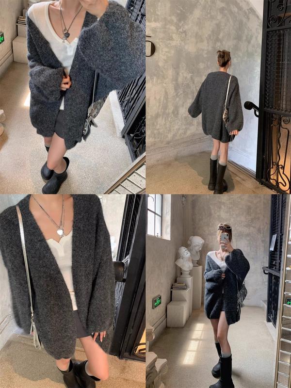 Áo Cardigan Len, SS24, Hình Bóng Dáng Rộng Lười Biếng, Tay Áo Đèn Lồng Dày, Dành Cho Nữ, Thích Hợp Cho Mùa Thu