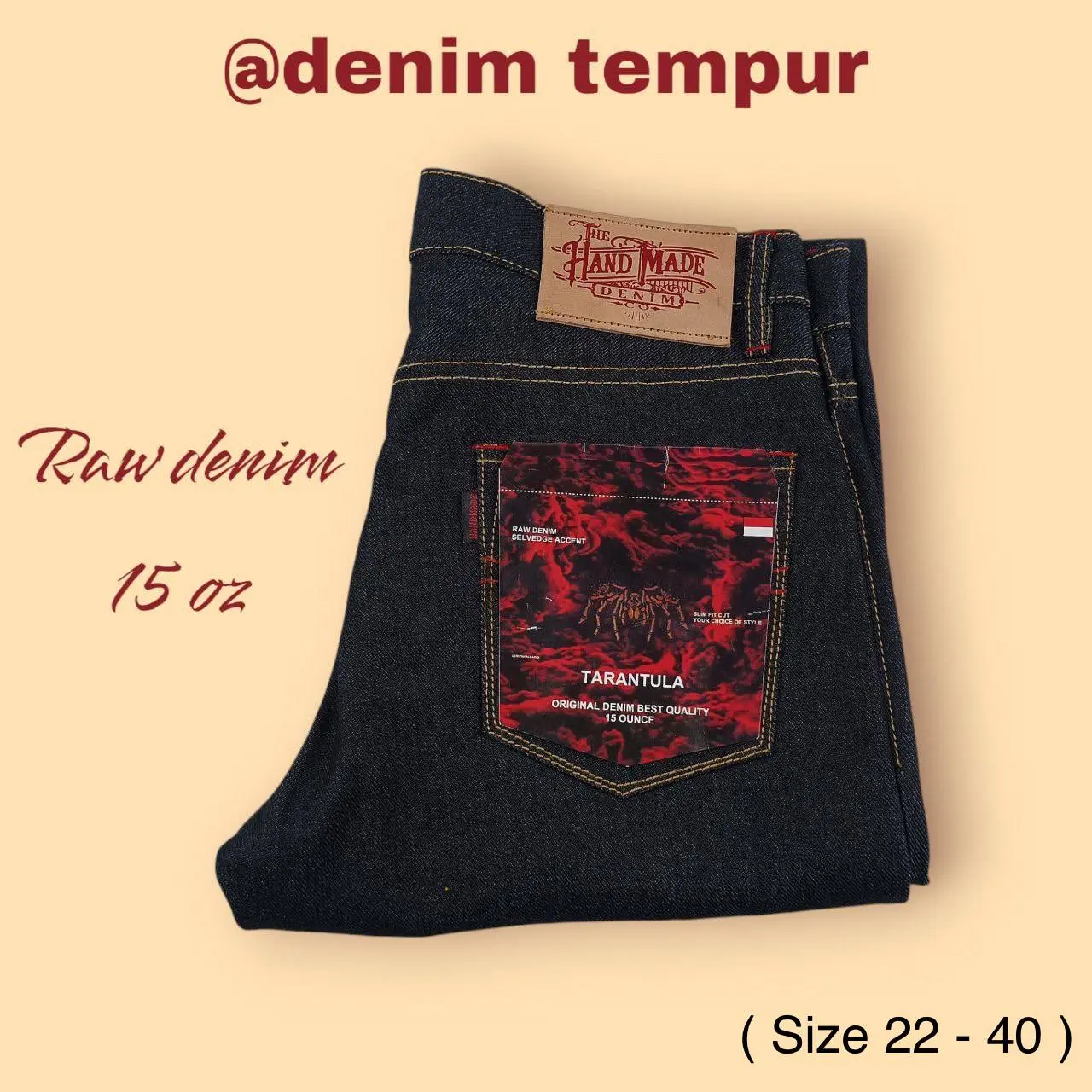 HAND MADE Denim Selvedge Accent 15 oz Black Indigo, Celana Panjang Pria