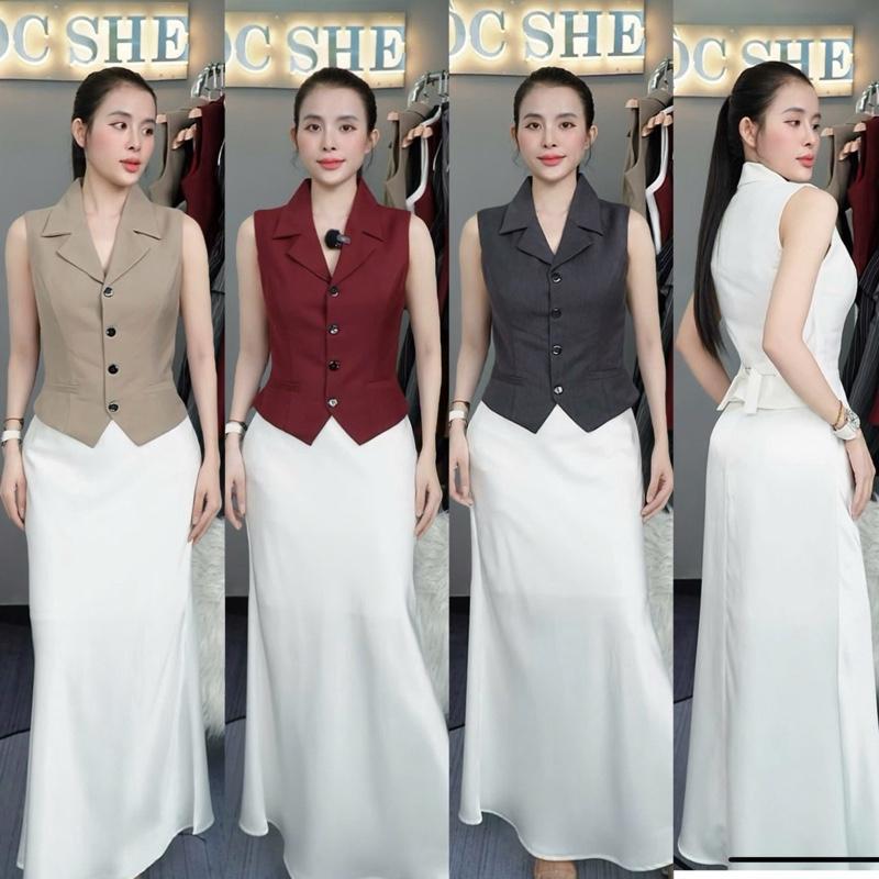 T660- Áo gile cổ vest 2 lớp sát nách có dây rút sau lưng Mộc She