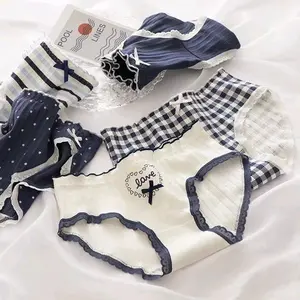 12Pcs CD CS046 Haode Celana Dalam Wanita Katun Motif Love Navy Cute  Waist Cewek