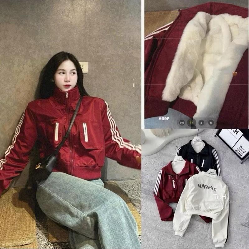   Có Mũ  Áo Khoác Nữ Lông Cừu Cổ Cao Phối Viền Thể Thao Dáng Crotop 