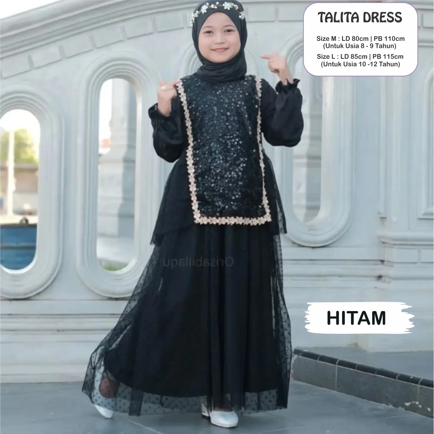 Talita Dress Baju Muslim Gamis Lebaran Anak 2025 untuk usia 8-12 tahun Syakila Mix Tile Dot Sequin Nyaman