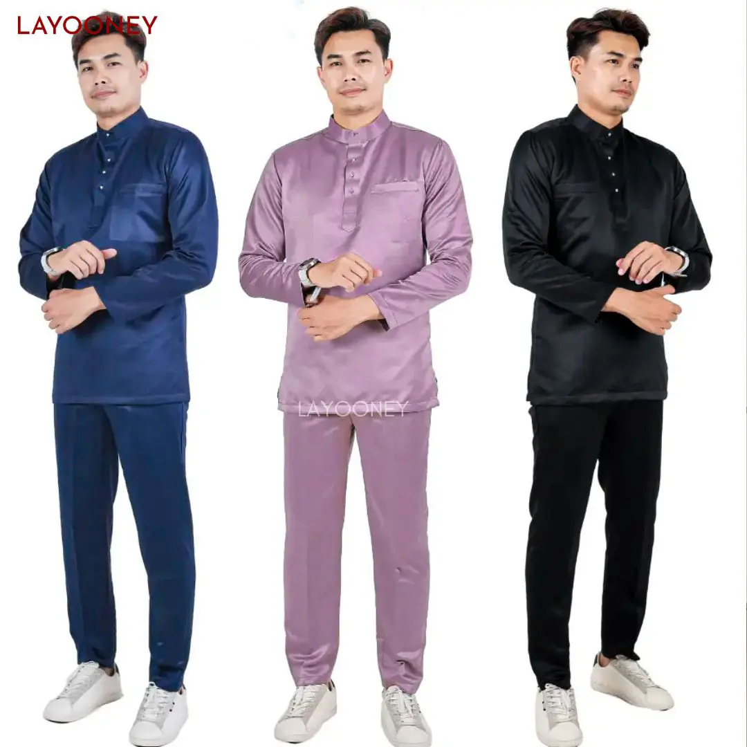 Layooney Baju Teluk Belanga Pria Melayu Kurung Setelan Pakaian Adat Malaysia Cekak Musang Koko Muslim Satin Velvet Premium