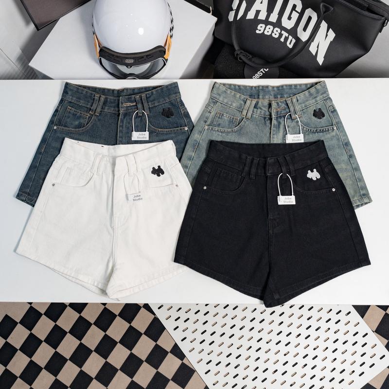 Quần Short Jeans Nữ Lưng Cao Phom A Dây Đai Kiểu Thêu Hình Cún Retro