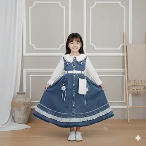 Gamis Adelin Anak Perempuan Muslimah Terbaru Motif Bunga Full Kancing Usia 3-10 Tahun Pakaian Viral Bahan Premium Denim Mix Tangan Brukat Variasi Saku Depan Cantik Modern Viral