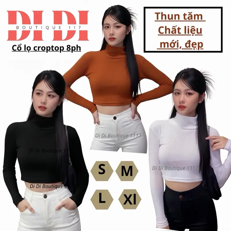 ( Màu Mới ) Combo 3 áo thun nữ tay dài croptop cổ lọ ủ kem ôm body. Chất thun tăm co giãn mịn , thấm hút tốt . DiDiboutique1117