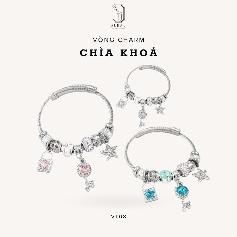 [AURAJ] Vòng Tay Gắn Charm Aqua Crystalll AuraJ, Charm Chìa Khoá Ổ Khoá May Mắn, Thành Công - VT08