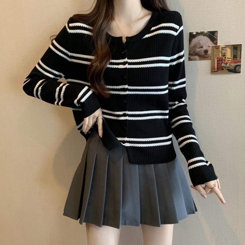 Áo Cardigan Dệt Kim, Thời Trang Thường Ngày Cổ Tròn, Áo Len Cropped Xén, Dành Cho Nữ, Bộ Sưu Tập Mùa Xuân Và Mùa Thu, Với Thiết Kế Sọc 0