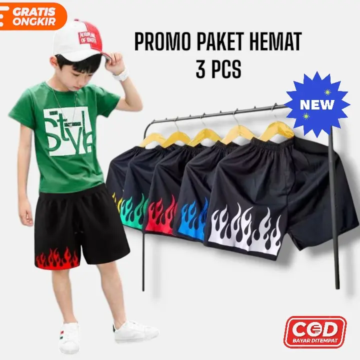 PAKET 3 PCS Celana pendek anak motif api pria wanita usia 7-15 tahun Fashion 0