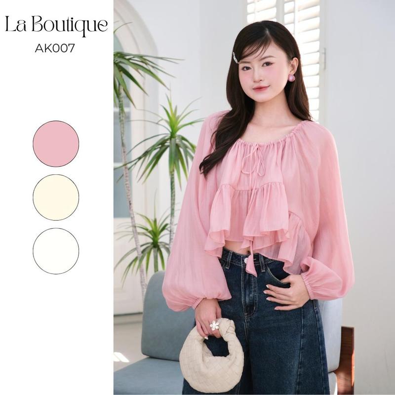 LA BOUTIQUE - Áo Kiểu Babydoll Vải Tơ Mềm Tay Phồng Form Rộng Phối Dây Rút - AK007-2508LAT