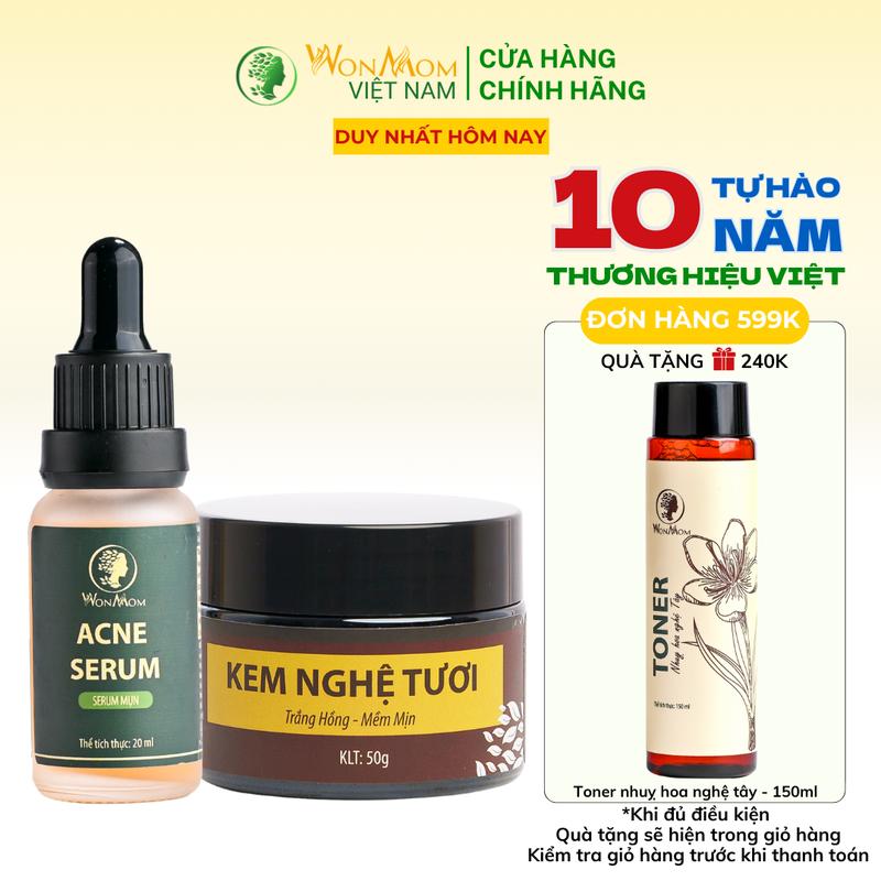  Combo 2 Món Làm Đẹp Da Chăm Sóc Da Ngừa Thâm Nám & Skincare Ngăn Ngừa Mụn  Wonmom  1 kem nghệ tươi + 1 serum trị mụn  Nữ 