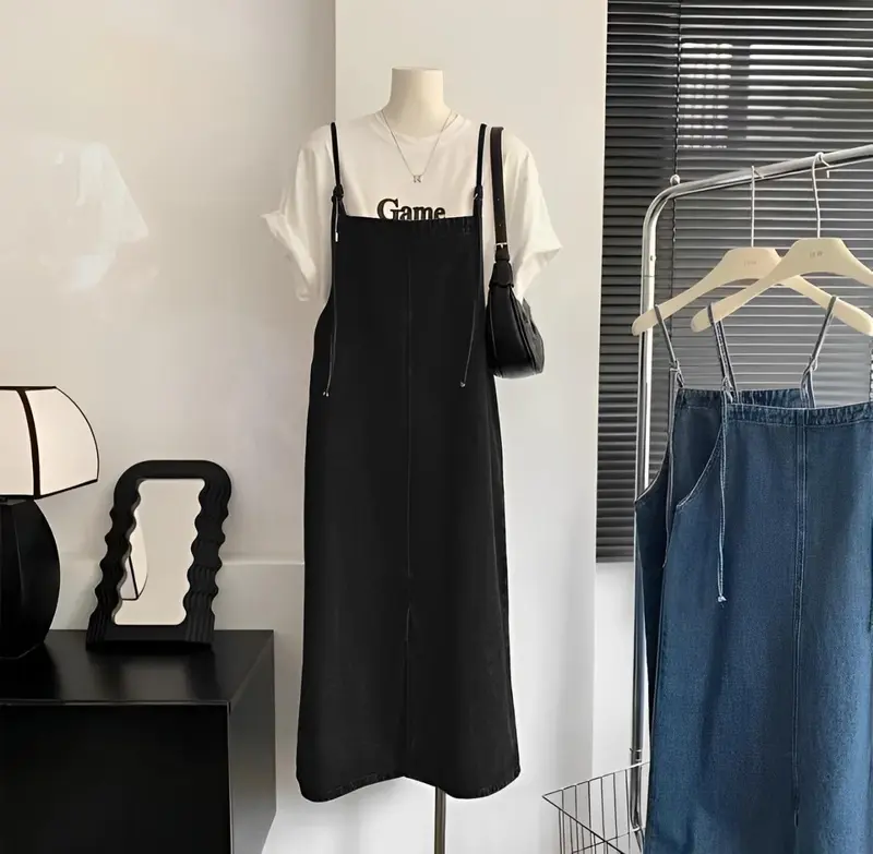 Overall Jeans Wanita Dress Korean Style Skirt Midi Long Rok Denim Casual Retro Panjang Dewasa Simple Remaja 1