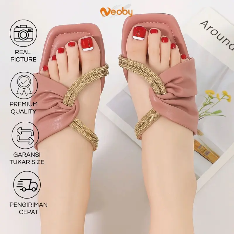 Neoby KARIN sandal Wanita flat glitter bling bling sendal cewek selop tali Karet 1