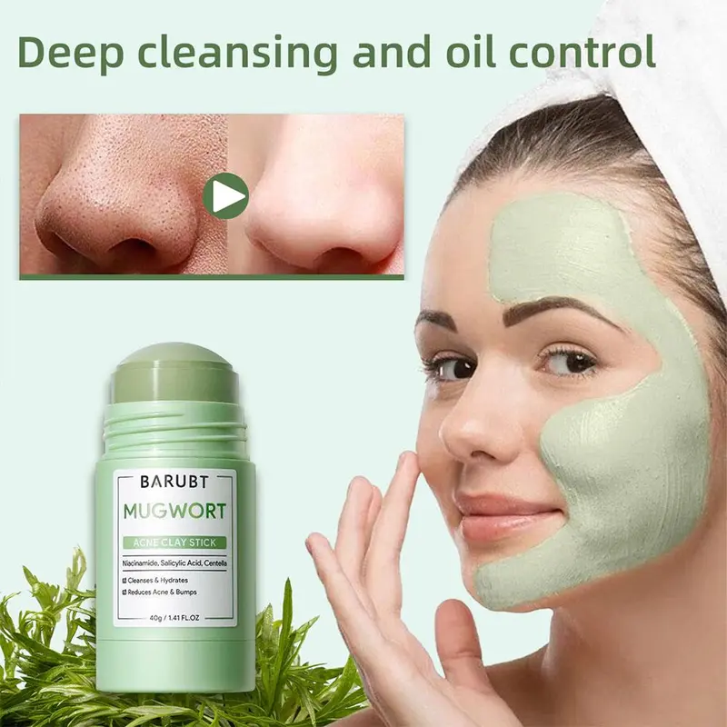 BARUBT Mugwort Clay Mask Stick, Anti Pores & Acne Clay Stick Masker Wajah Face Cleansing Stick, Anti Wajah Blackhead Berjerawat,40g 4