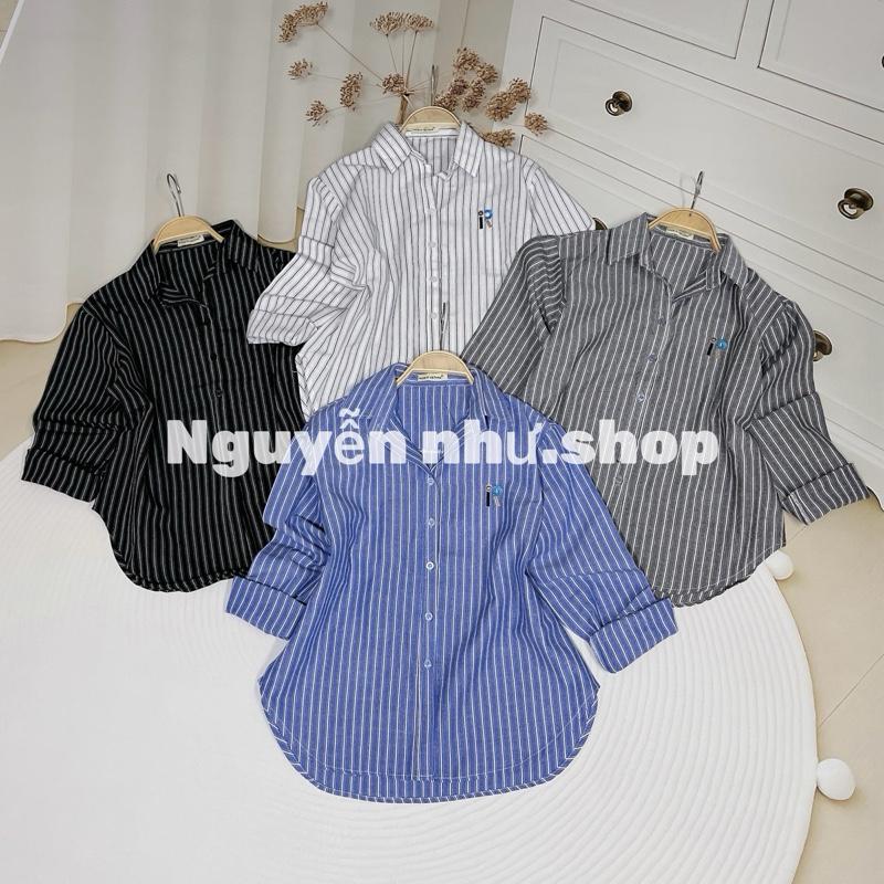  Áo Sơ Mi Nữ Kẻ Sọc Thêu Chữ R  Xinh Yêu,Vải  Cotton đũi  Dày Dặn,Tay Dài from from 60 kg phù hợp với dáng suông Basic ,Phối với Quần Ống Ôm Auto Xinh Xắn 