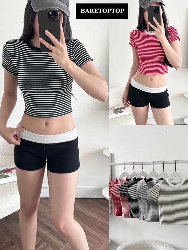 BARE_ Áo Croptop Ôm Body Tay Ngắn Kẻ Sọc Ngang - Áo Thun Nữ Cổ Tròn Dáng Ngắn Basic Dễ Phối Đồ_A547