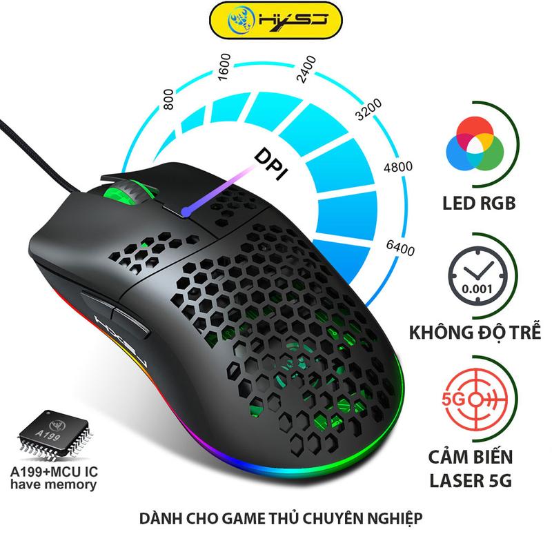 Chuột chơi Game HXJS J900 RGB Lead đổi màu Bề Mặt Lưới Xuyên Thấu Cực Đẹp DPI…